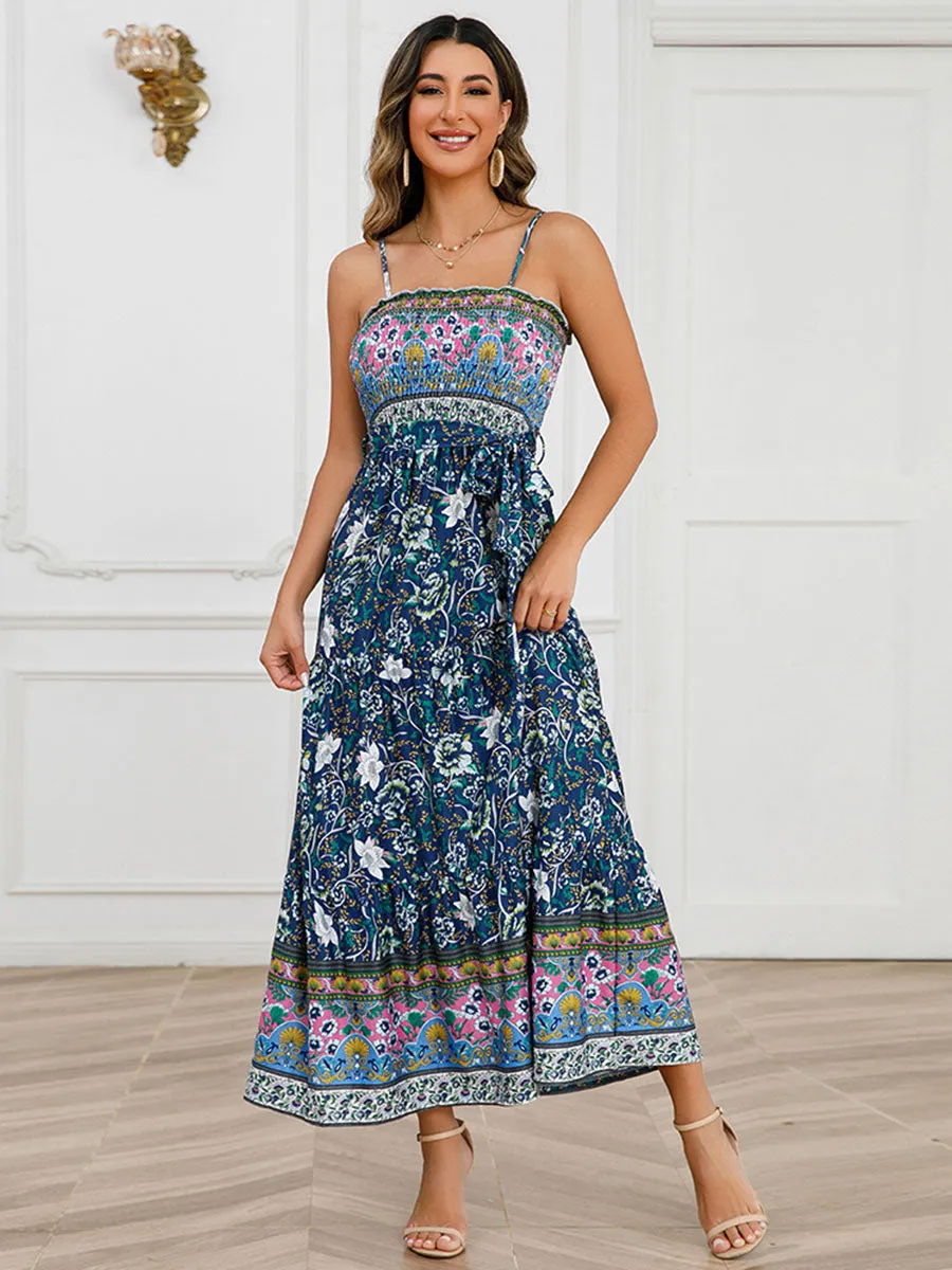 Strap Bohemia Floral Printed Maxi Boho Dress with Belt