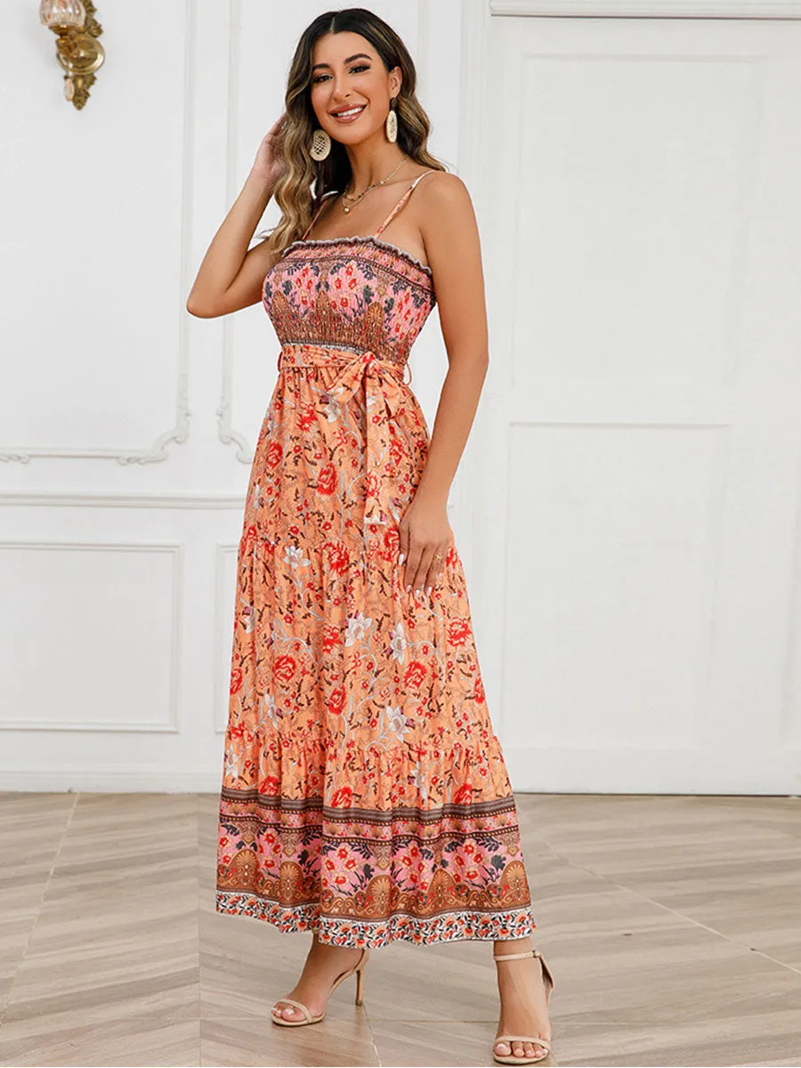 Strap Bohemia Floral Printed Maxi Boho Dress with Belt