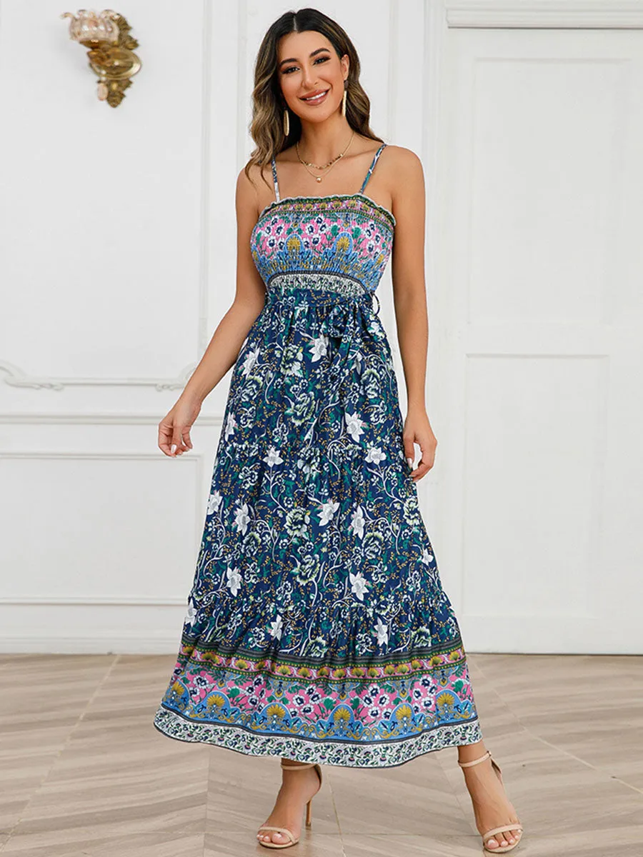 Strap Bohemia Floral Printed Maxi Boho Dress with Belt