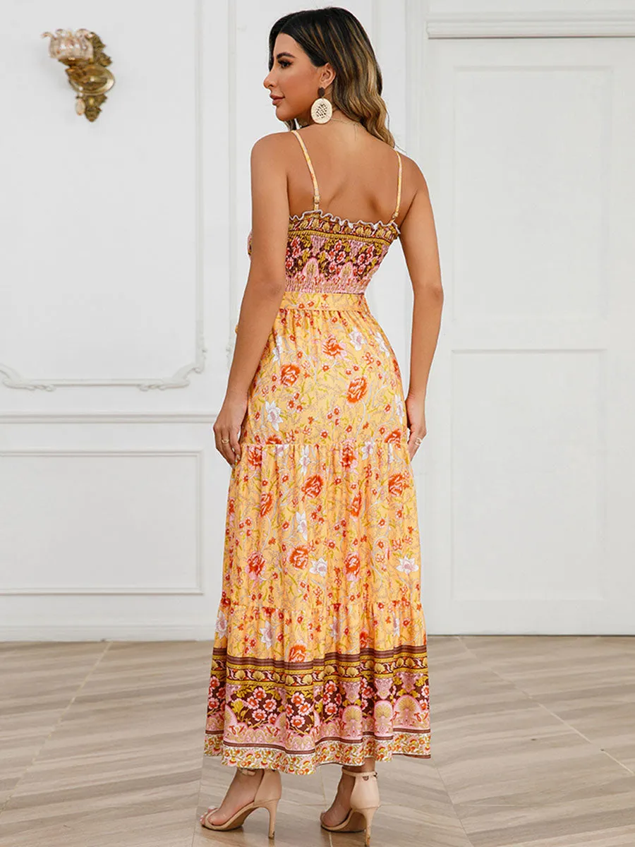 Strap Bohemia Floral Printed Maxi Boho Dress with Belt