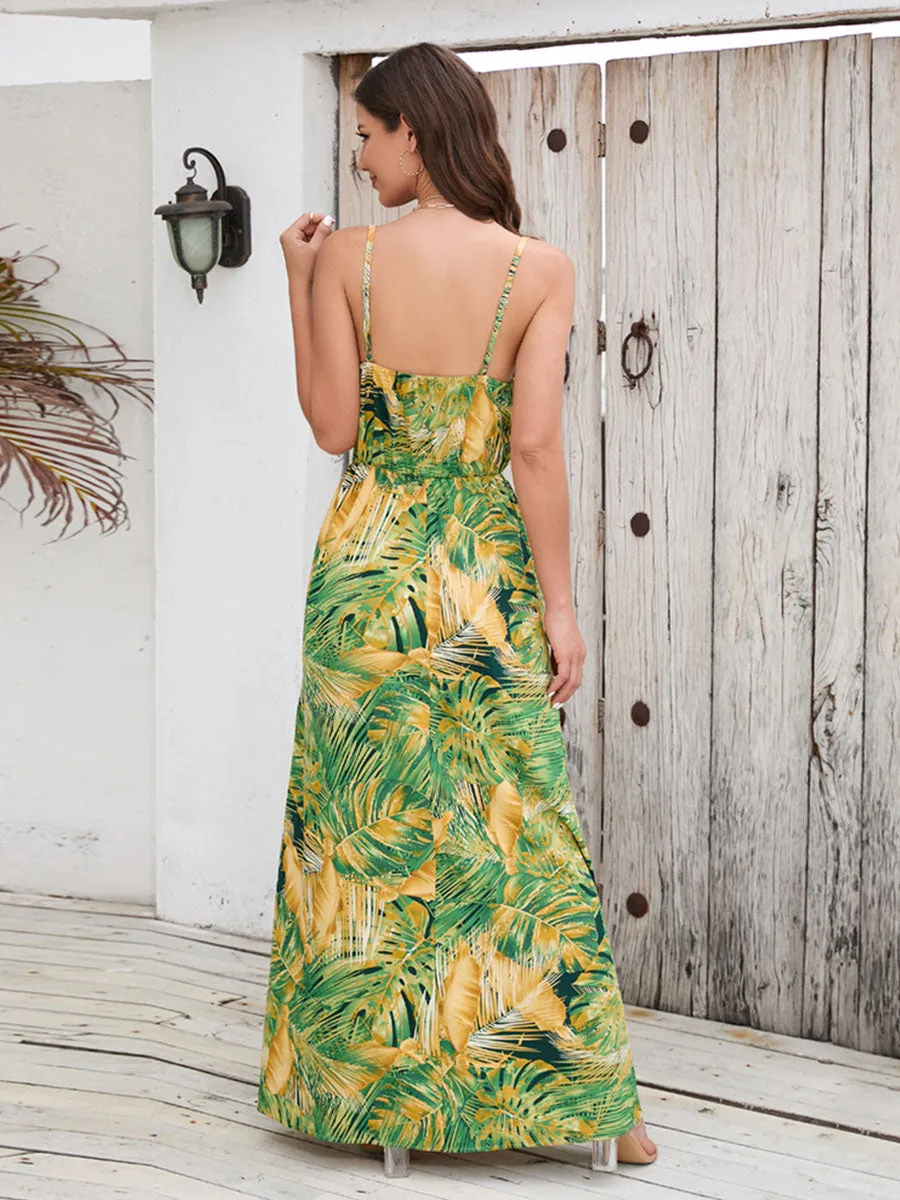 Strap V Neck Bohemia Floral Printed Swing Maxi Boho Dress