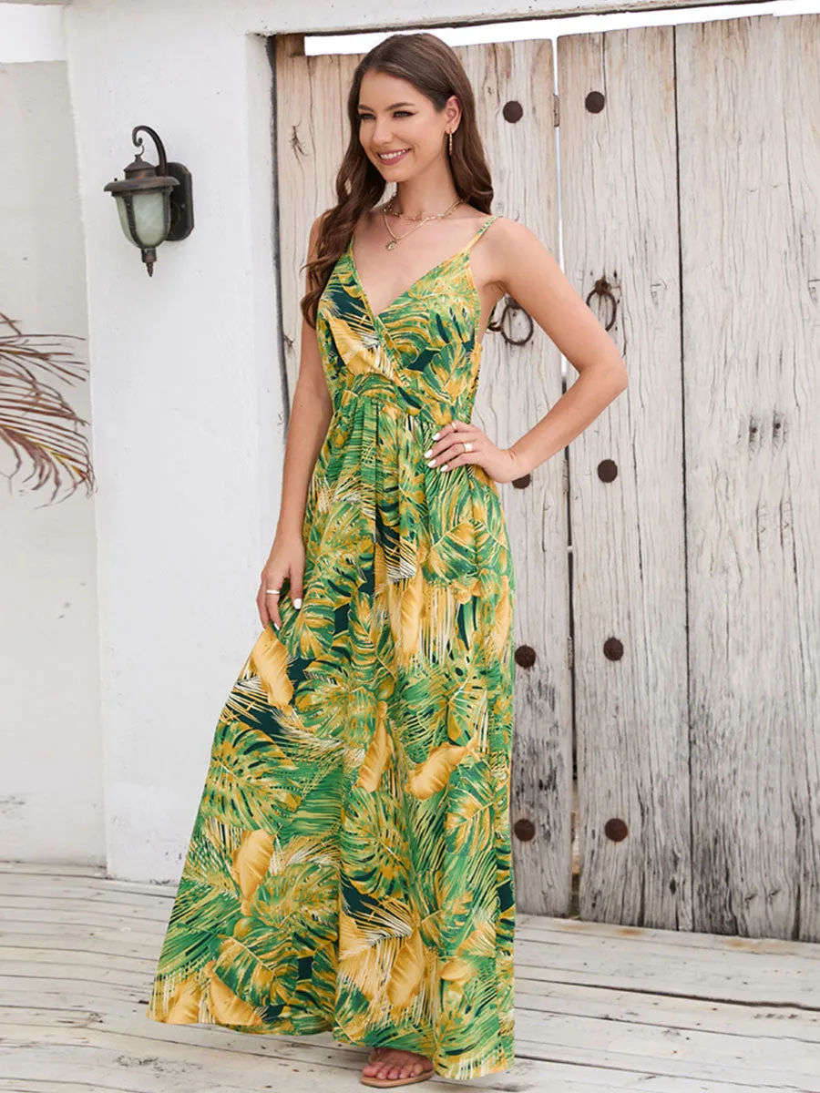 Strap V Neck Bohemia Floral Printed Swing Maxi Boho Dress