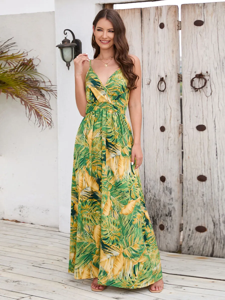 Strap V Neck Bohemia Floral Printed Swing Maxi Boho Dress