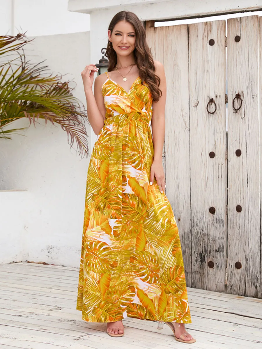 Strap V Neck Bohemia Floral Printed Swing Maxi Boho Dress