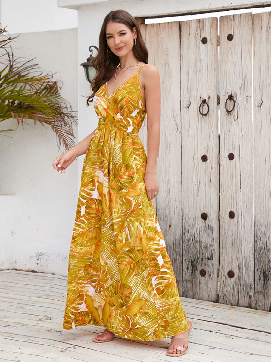 Strap V Neck Bohemia Floral Printed Swing Maxi Boho Dress