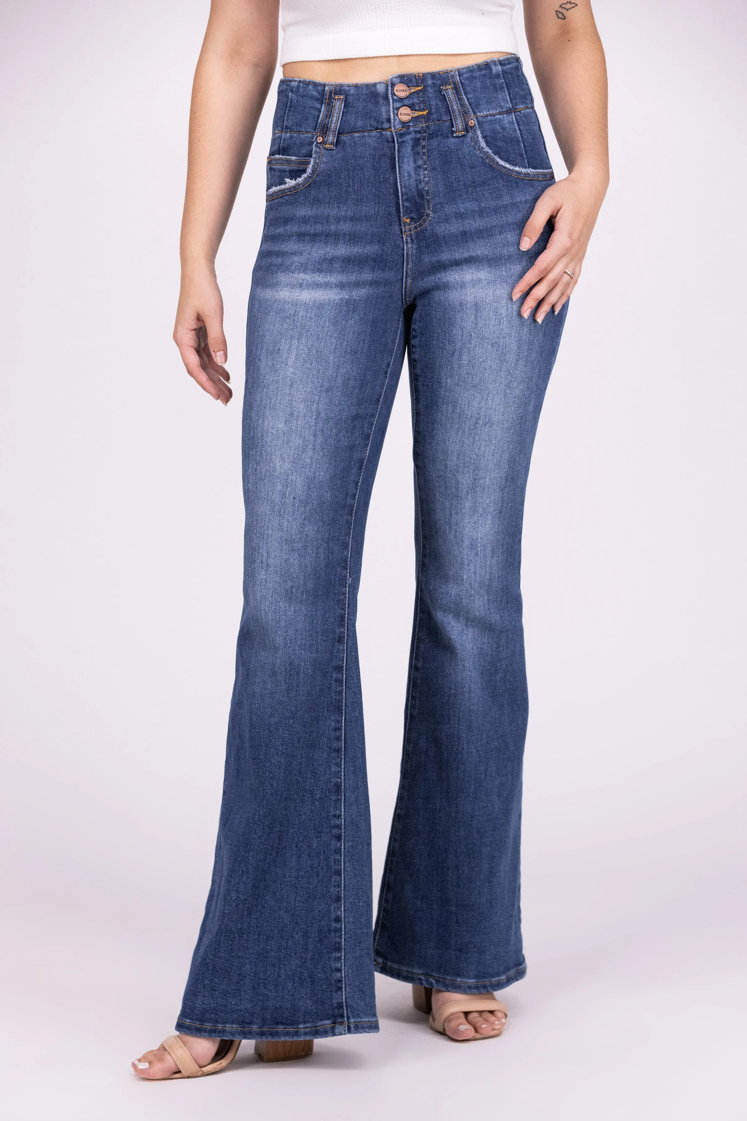 Suspend Reality From Risen: High-Rise Flare Double Button Denim