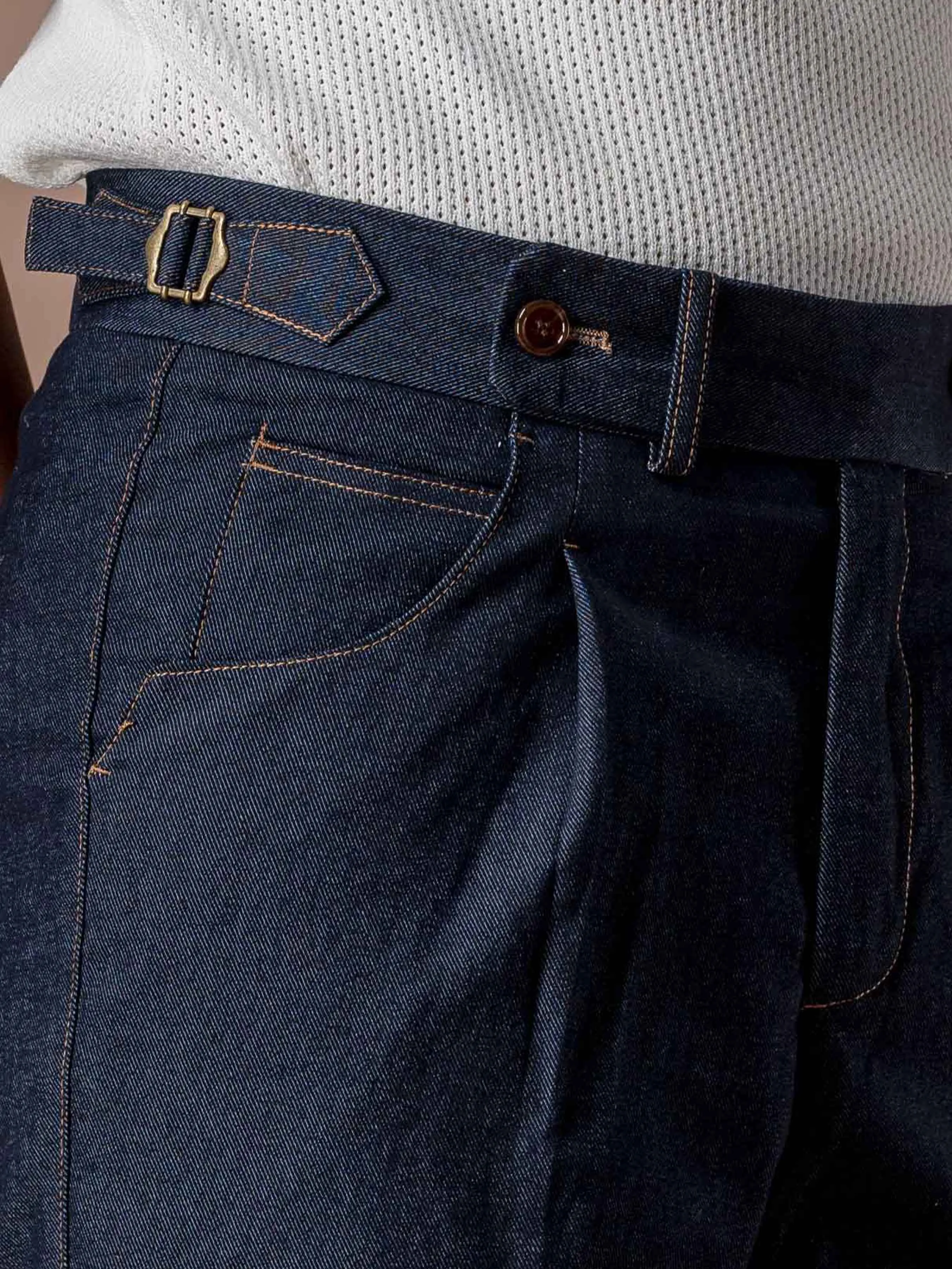 Tapered Fit Jeans With Side Adjusters - Navy Blue Cuffed