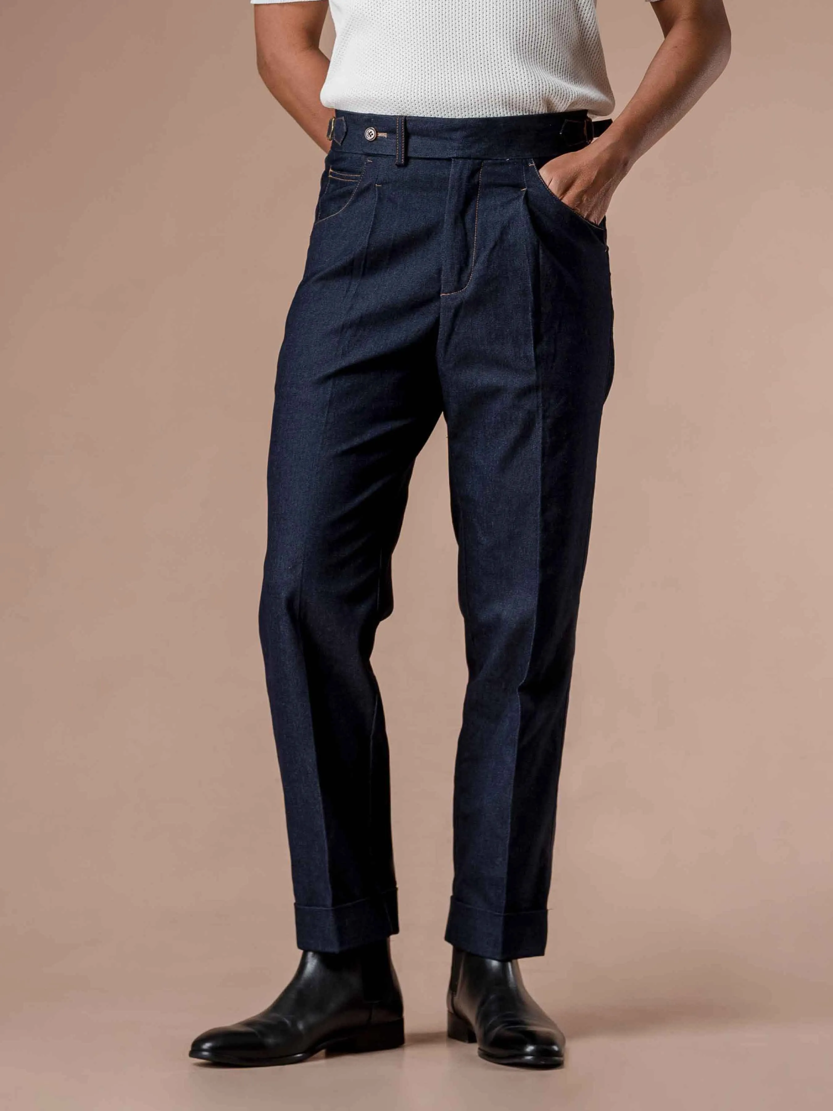 Tapered Fit Jeans With Side Adjusters - Navy Blue Cuffed