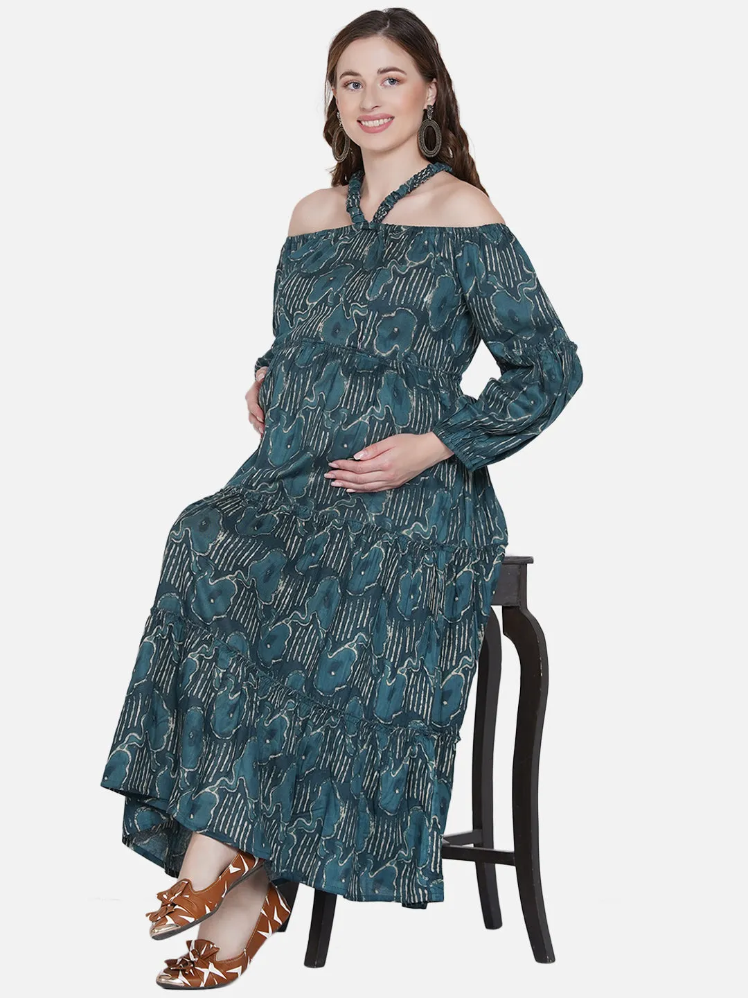 Teal Blue Maternity and Nursing Maxi Dress