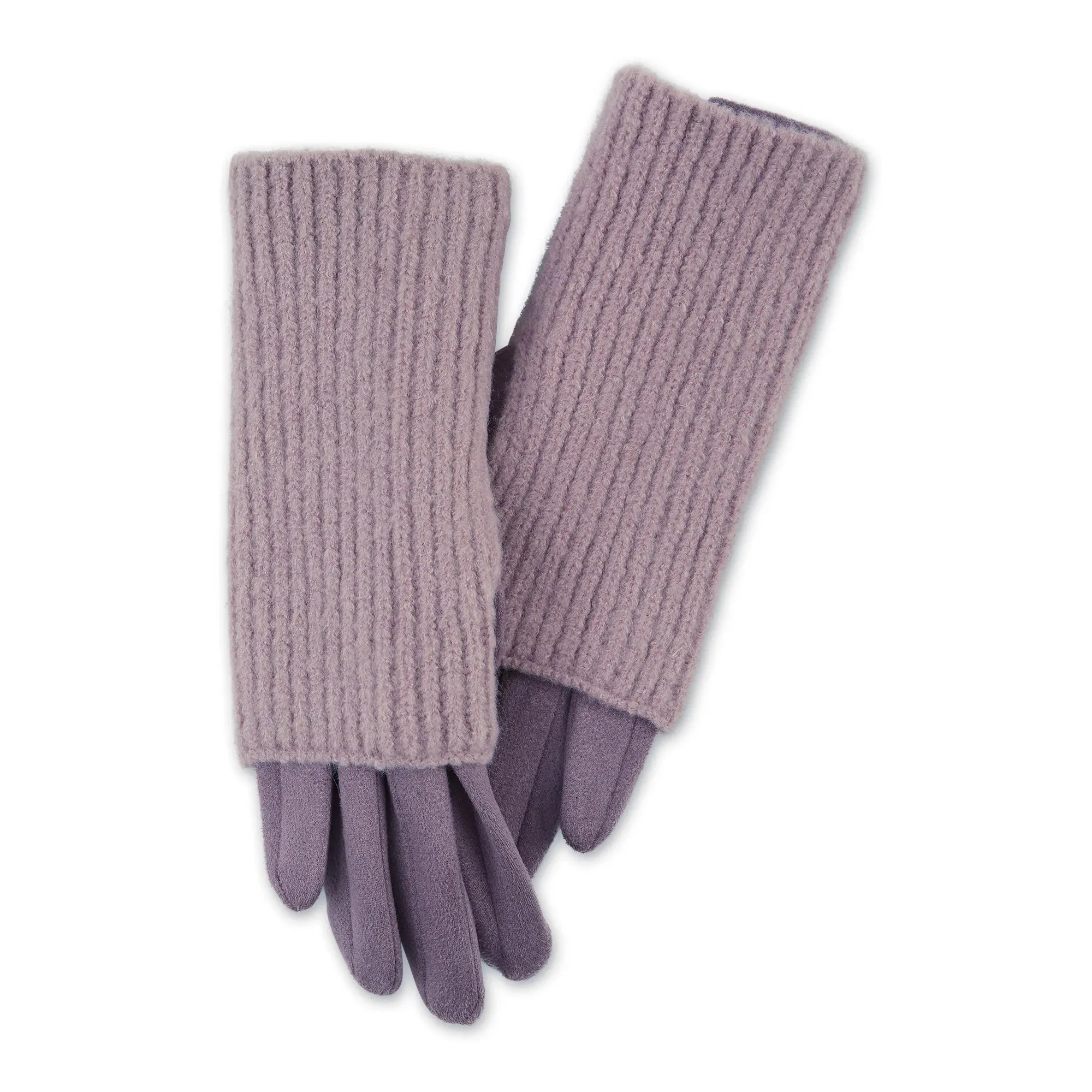 Three-In-One Knit Gloves in Dusty Lavender | Vegan Suede Ribbed Knit Fingerless Mittens