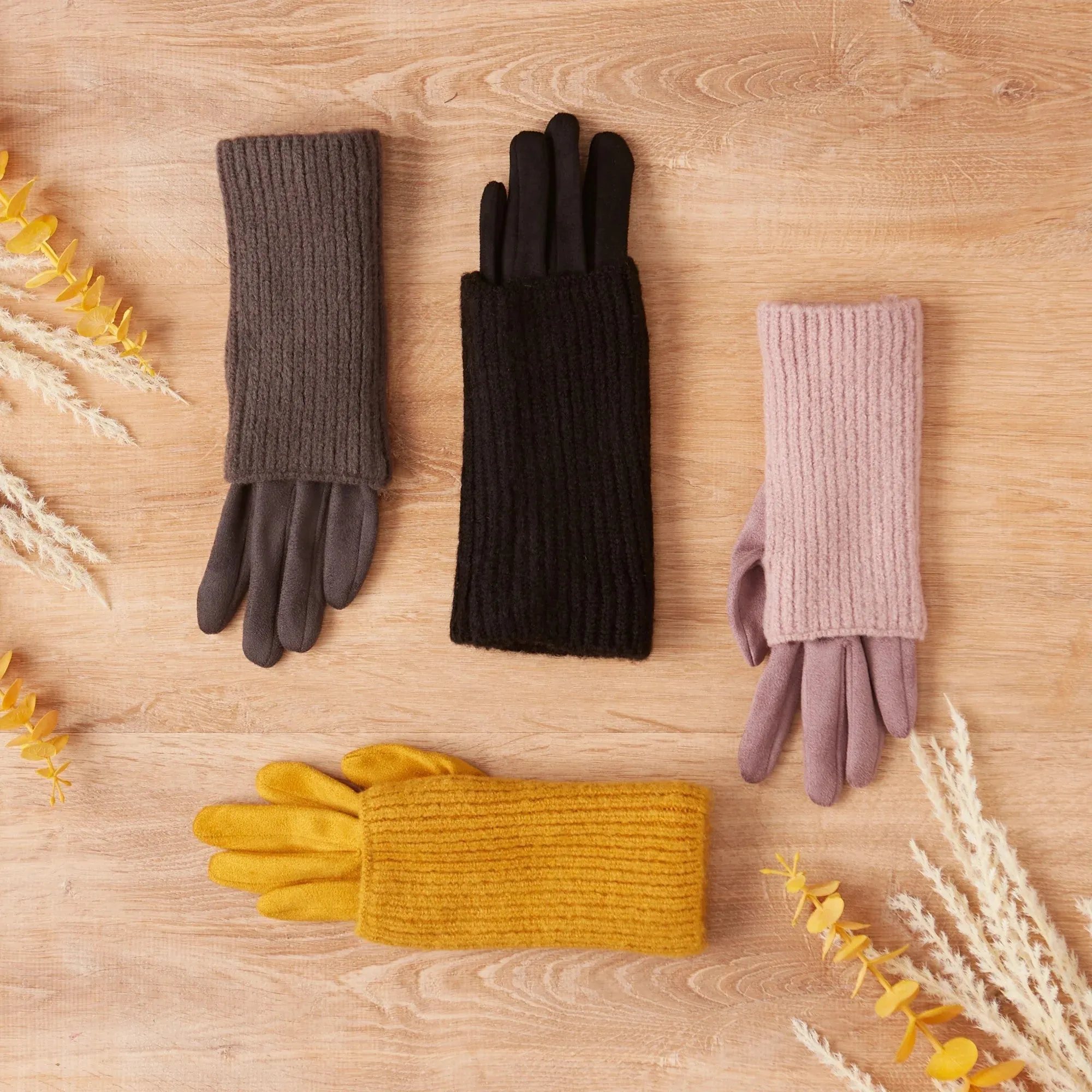 Three-In-One Knit Gloves in Mustard | Vegan Suede Ribbed Knit Fingerless Mittens