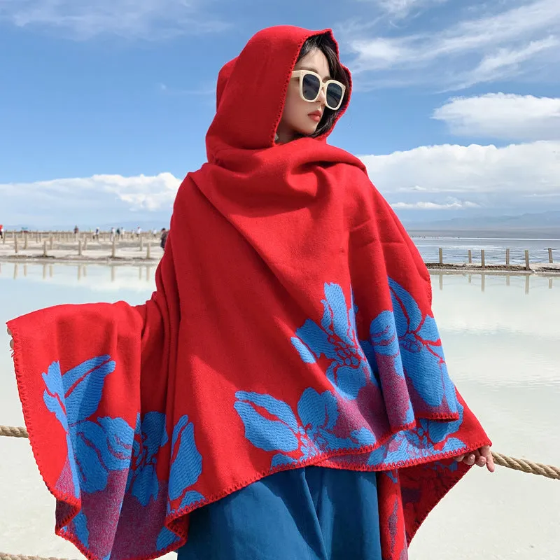 Tibetan Cold Protection Thickened Split Shawl Cloak Autumn and Winter Long Warm Scarf Women's Cloak