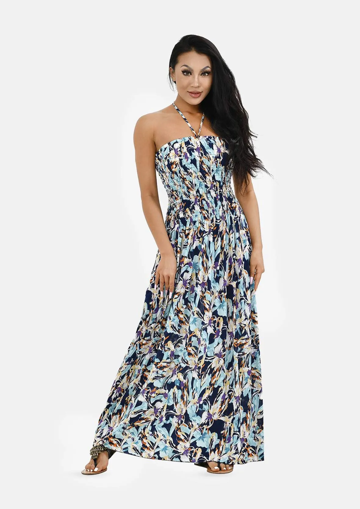 Tie Neck Smocked Maxi Dress