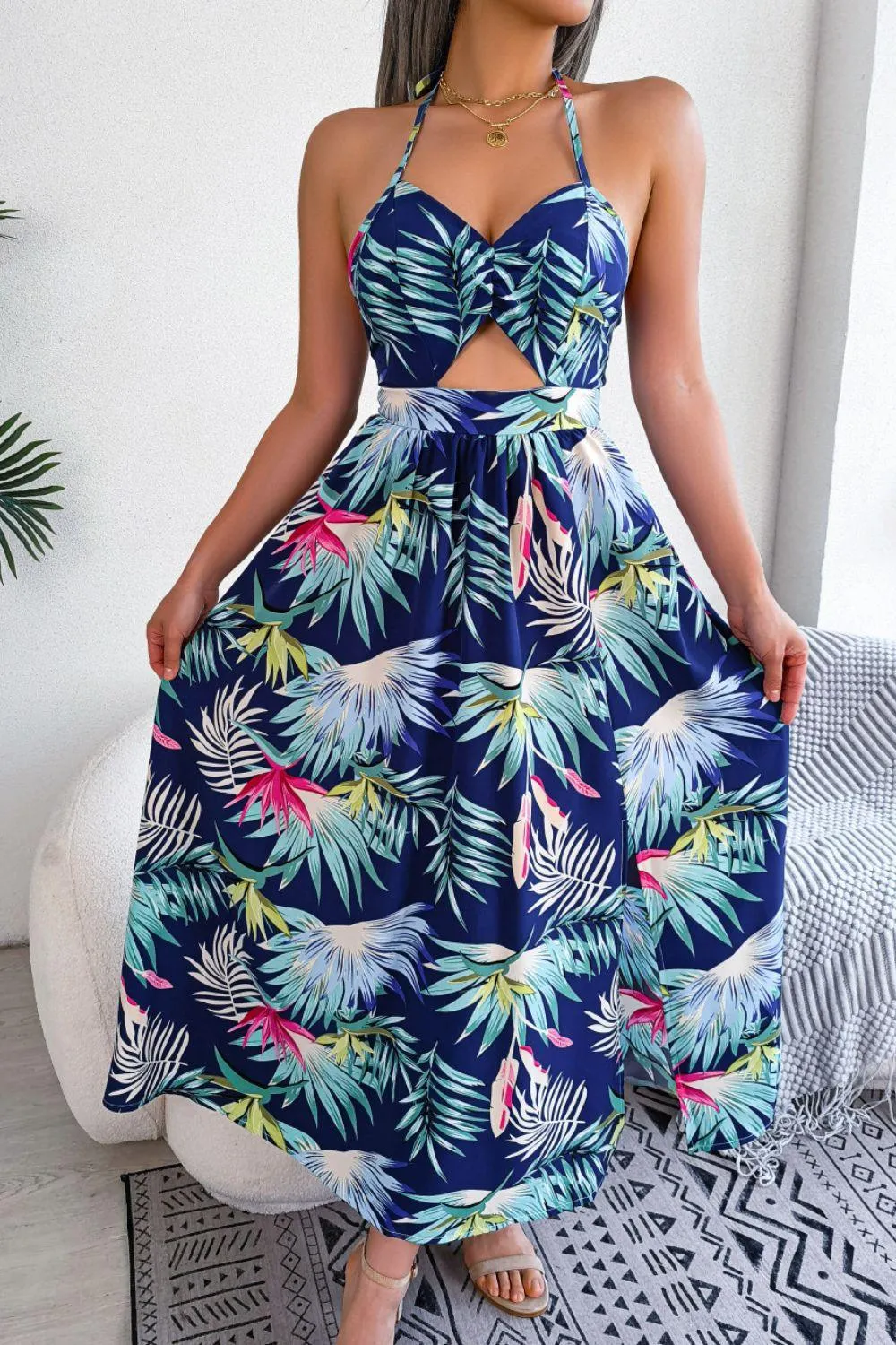 Tropical Print Cutout Dress