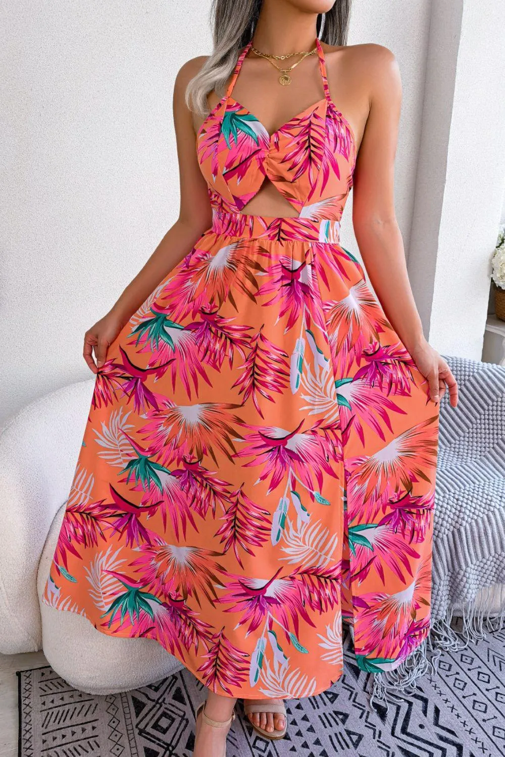 Tropical Print Cutout Dress