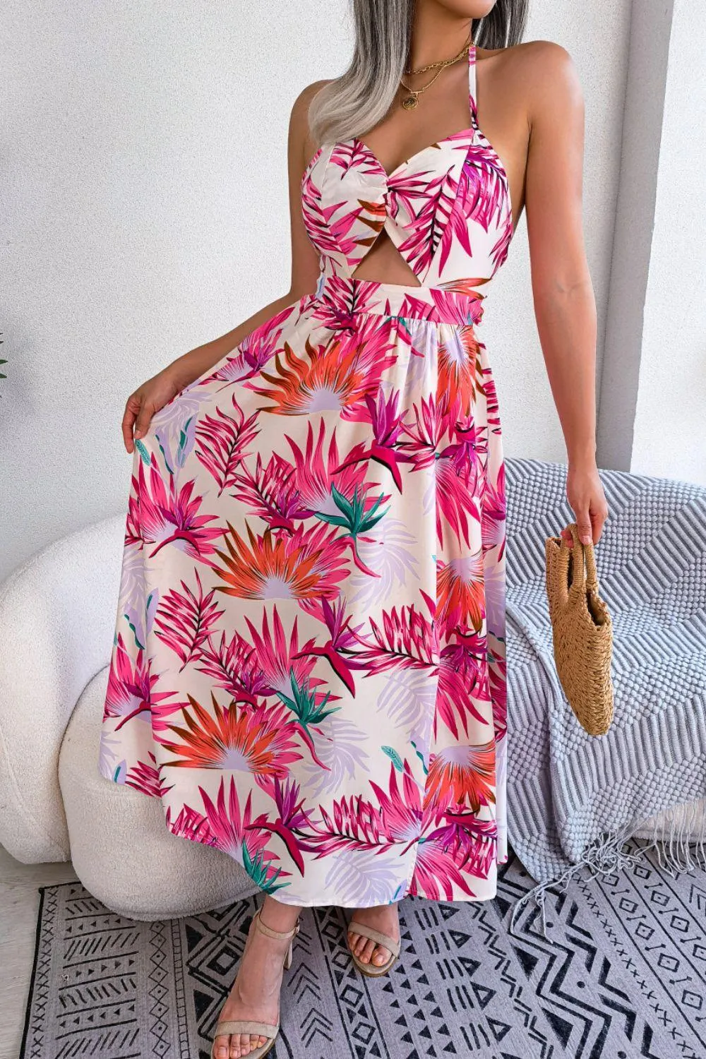 Tropical Print Cutout Dress