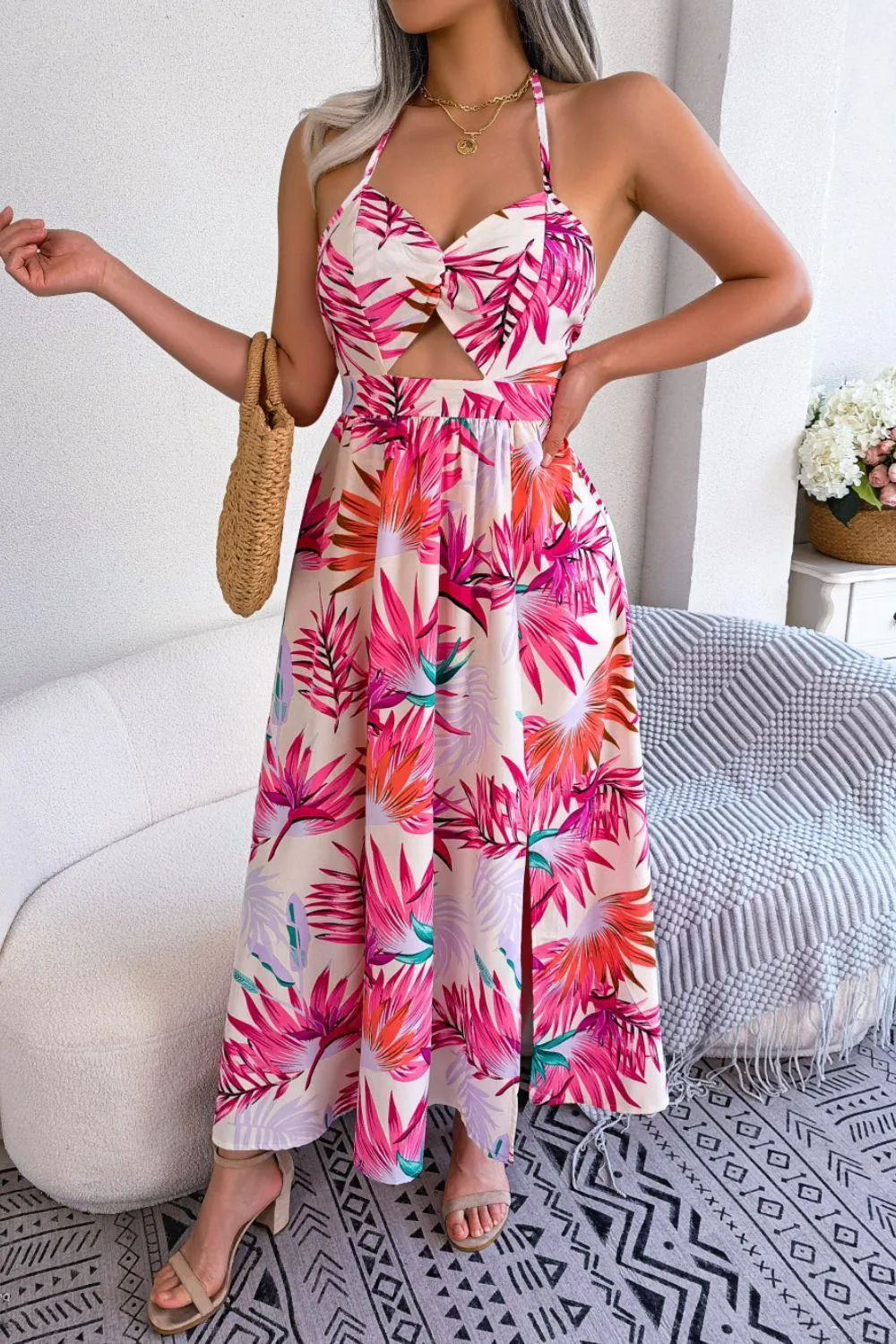 Tropical Print Cutout Dress