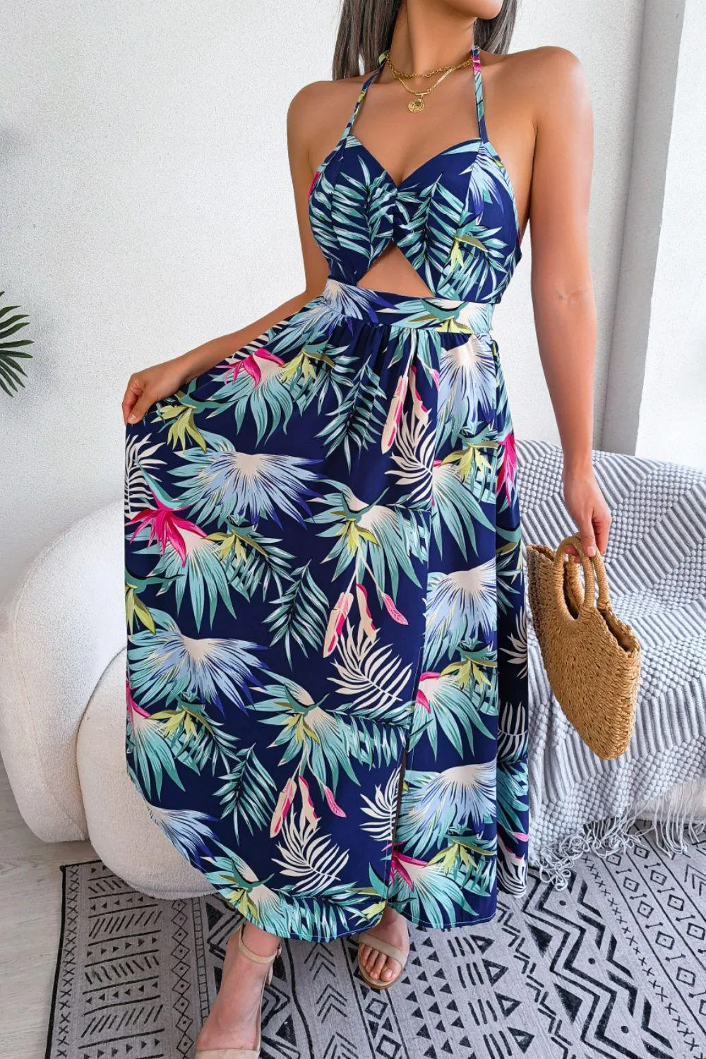 Tropical Print Cutout Dress