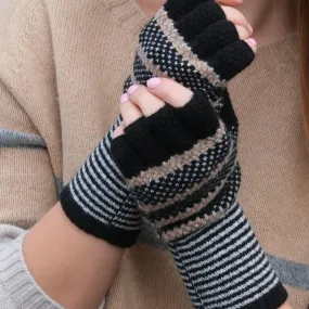 Tuck Stitch Fingerless Gloves - Black and Camel