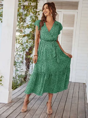 V Neck Short Sleeves Floral Printed High Waist Maxi Boho Dress