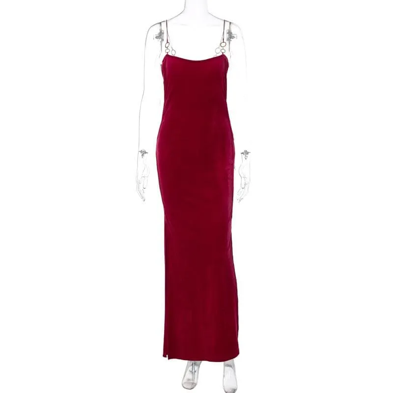 Velvet solid o ring hollow out slit backless cut out maxi dress