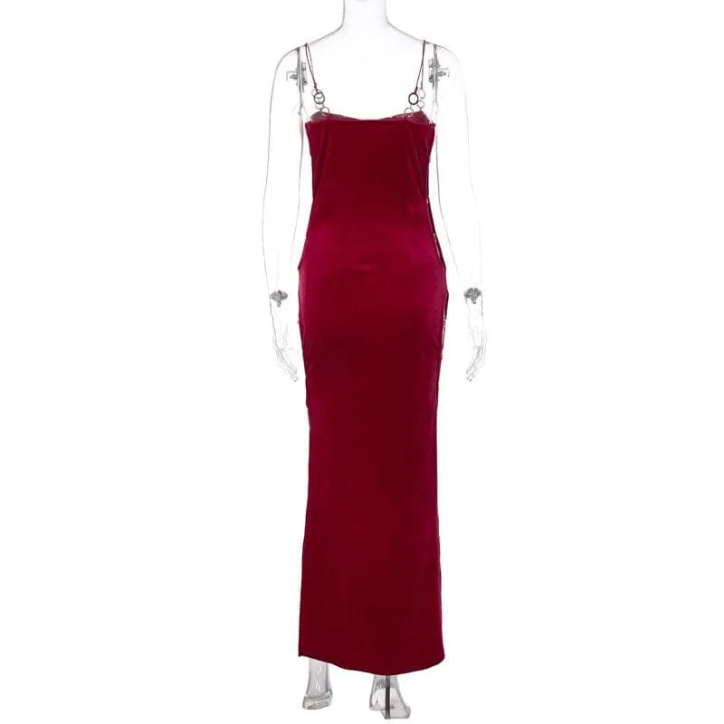 Velvet solid o ring hollow out slit backless cut out maxi dress