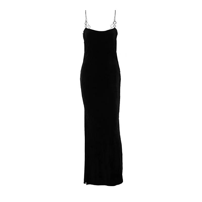 Velvet solid o ring hollow out slit backless cut out maxi dress