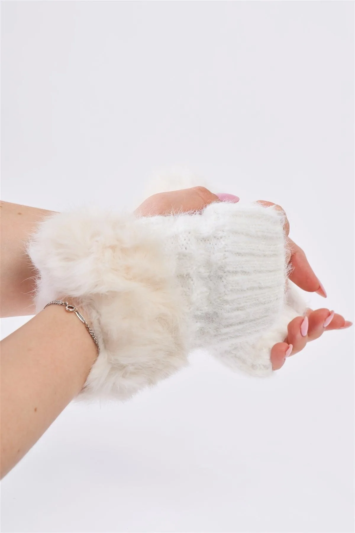 White Woven Furry Fingerless Two-Way Winter Gloves /3 Pieces