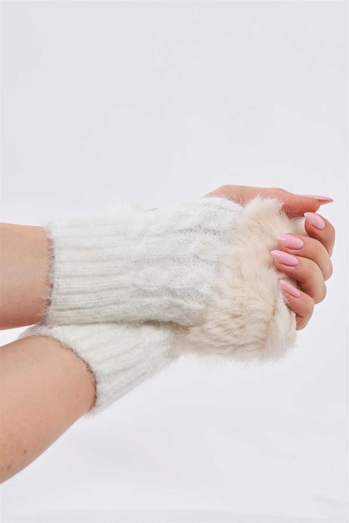 White Woven Furry Fingerless Two-Way Winter Gloves /3 Pieces