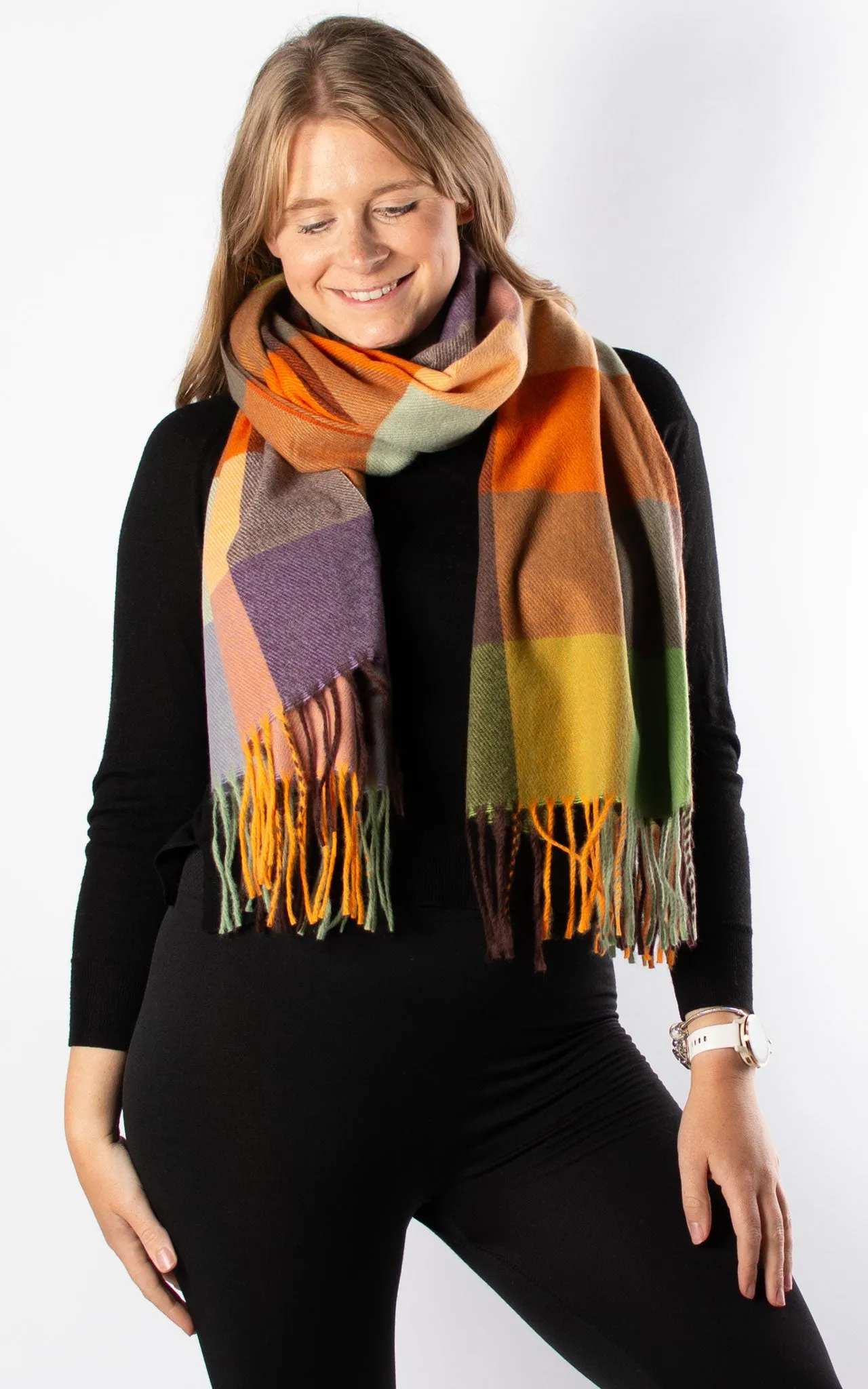 Winter Blanket Scarf | Squares | Chocolate, Orange & Green