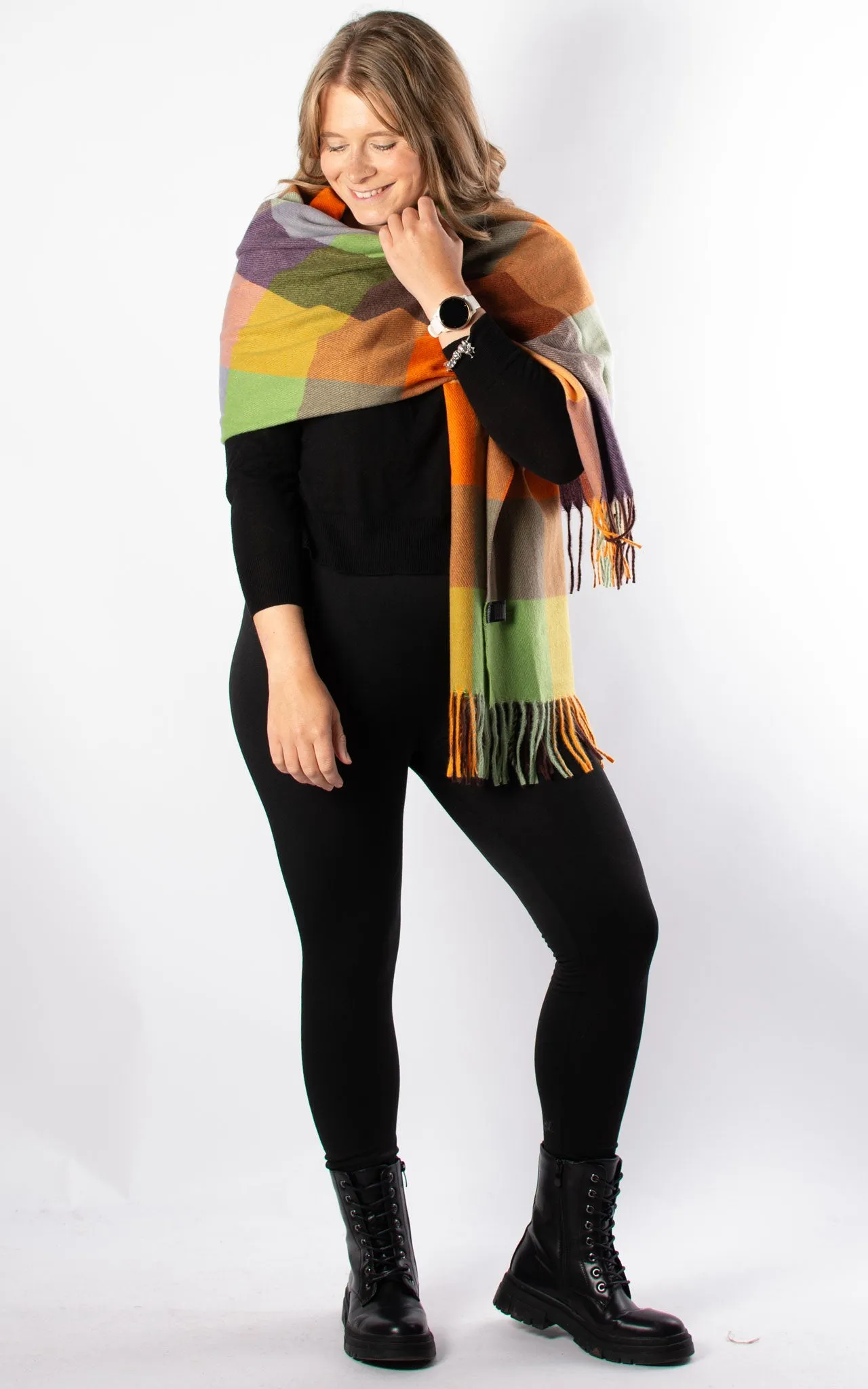 Winter Blanket Scarf | Squares | Chocolate, Orange & Green