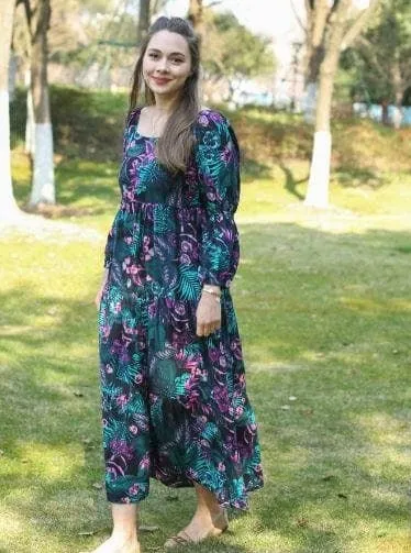 Winter Long Sleeves Fashion Navy Floral Dress by Kaja Clothing - Layla Dress