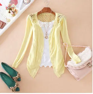 Women Candy Color Slim Thin Lace Hollow Out jacket Women Knitted Cardigan Sweater Tops Irregular Hem Long Sleeve  Outwear Coat