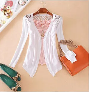 Women Candy Color Slim Thin Lace Hollow Out jacket Women Knitted Cardigan Sweater Tops Irregular Hem Long Sleeve  Outwear Coat