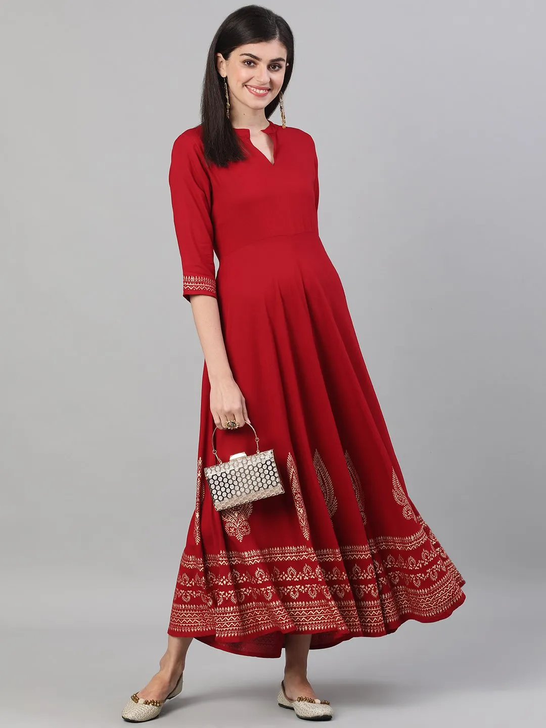 Women Maroon Block Printed Viscose Rayon Maxi Dress With Pockets