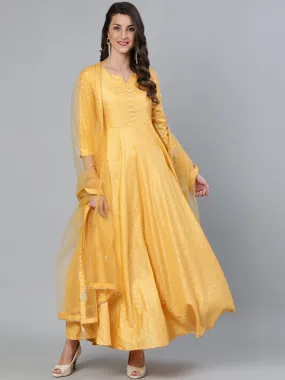 Women Mustard Foil Printed Maxi Dress With Embroidered Net Dupatta