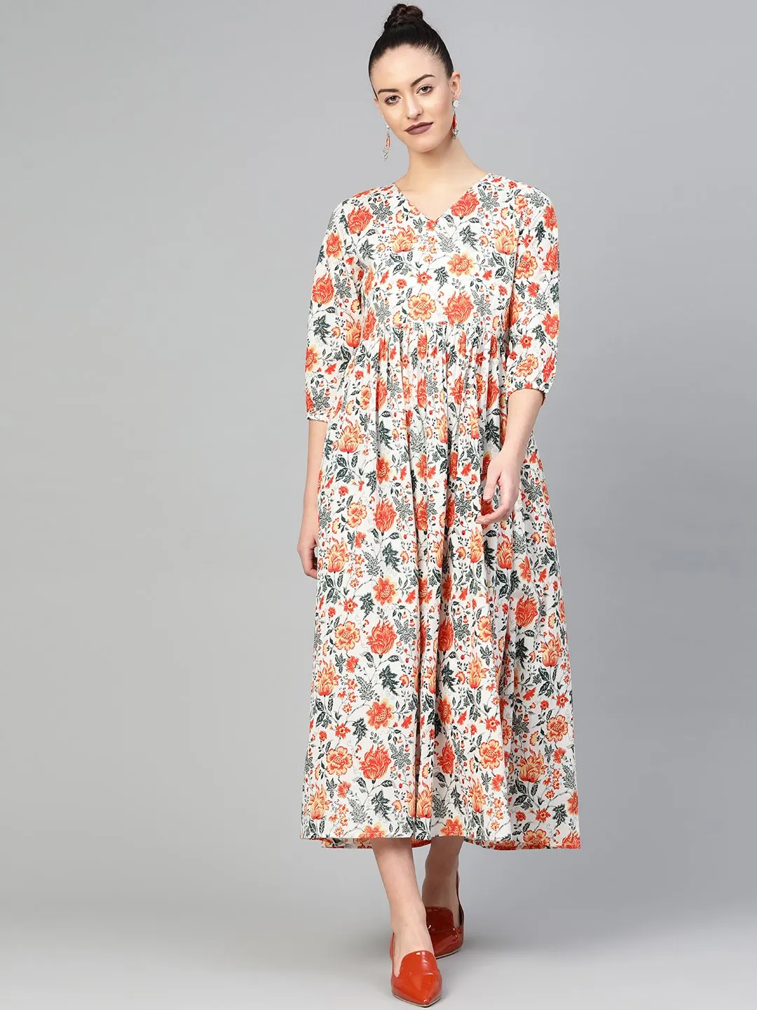 Women White & Orange Floral Maxi Dress