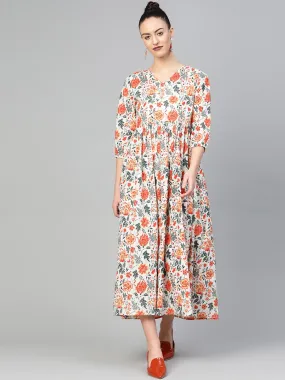 Women White & Orange Floral Maxi Dress