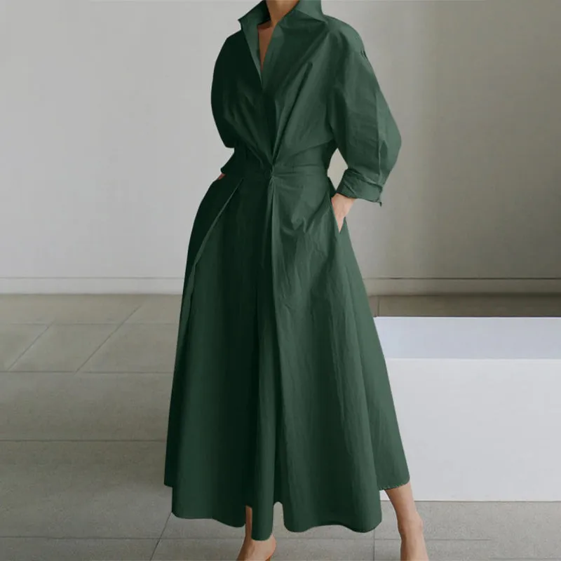 Women's Loose Maxi Dress with Notched Collar and Long Sleeves