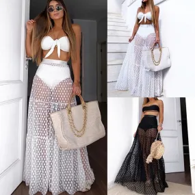 Womens Sexy See-through Dot Mesh Gauze Beach Long Skirt