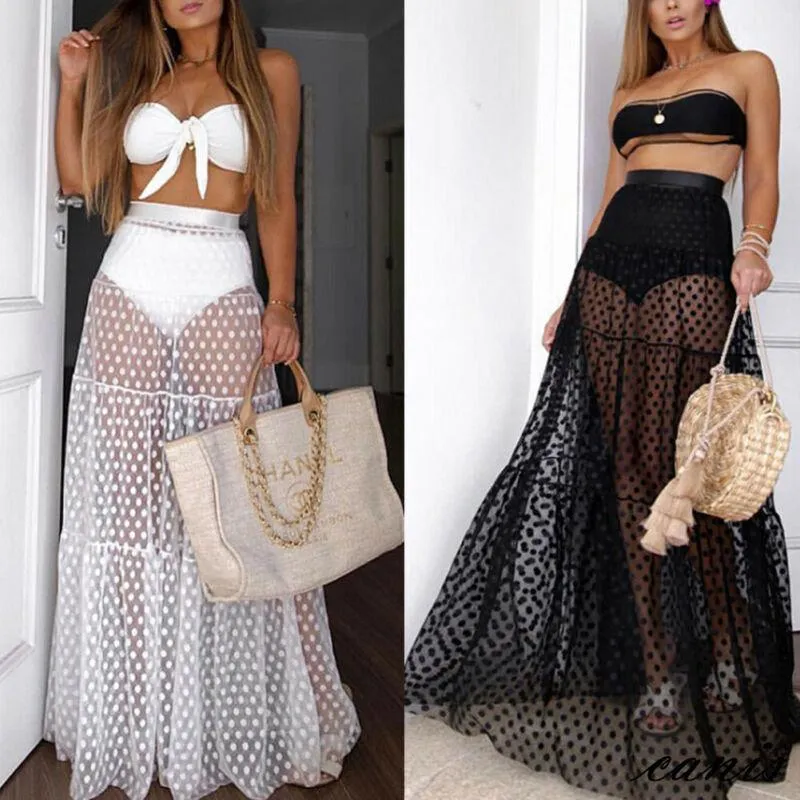 Womens Sexy See-through Dot Mesh Gauze Beach Long Skirt