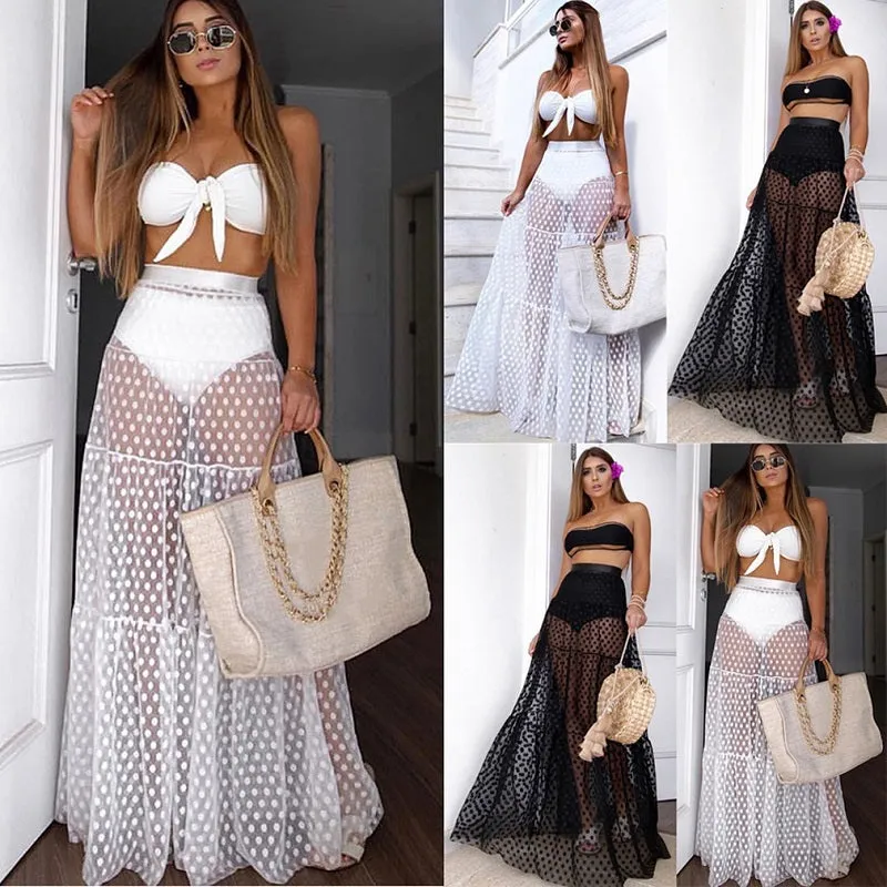 Womens Sexy See-through Dot Mesh Gauze Beach Long Skirt