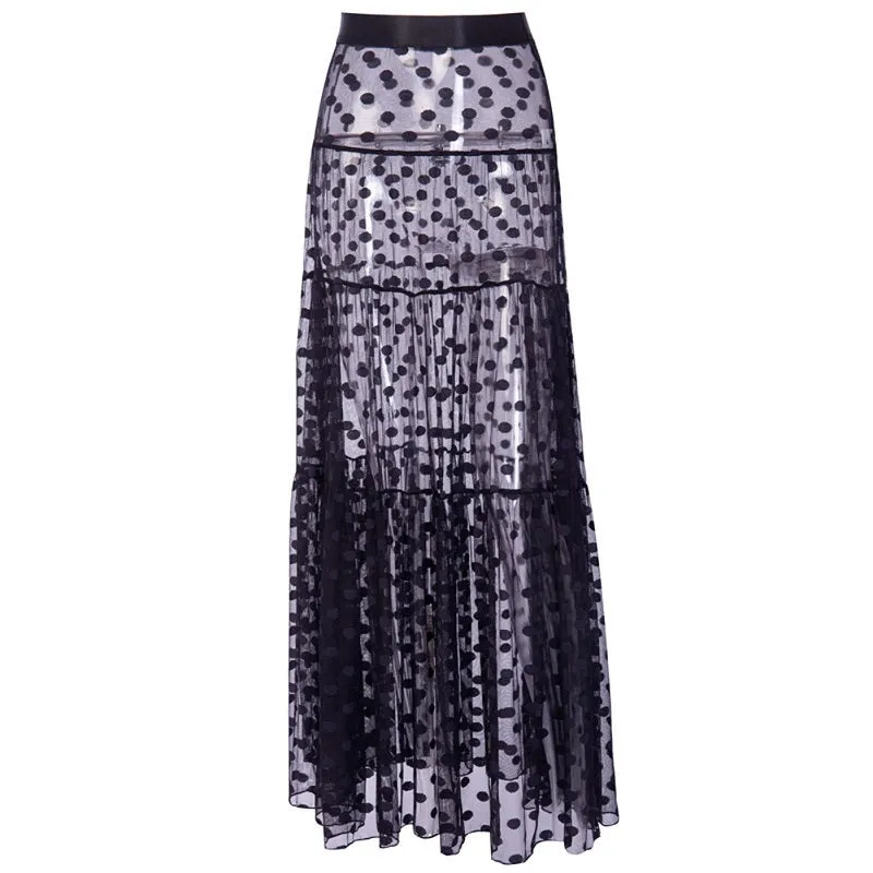 Womens Sexy See-through Dot Mesh Gauze Beach Long Skirt