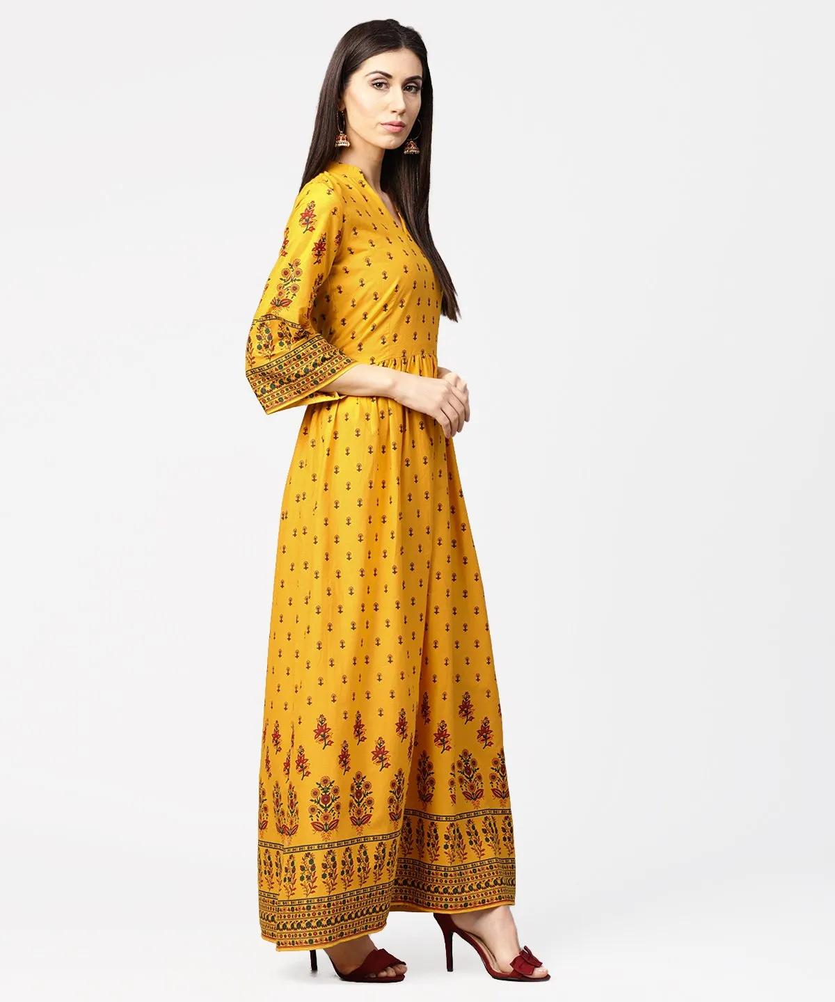 Yellow Printed 3/4Th Flared Sleeve Cotton Maxi Dress