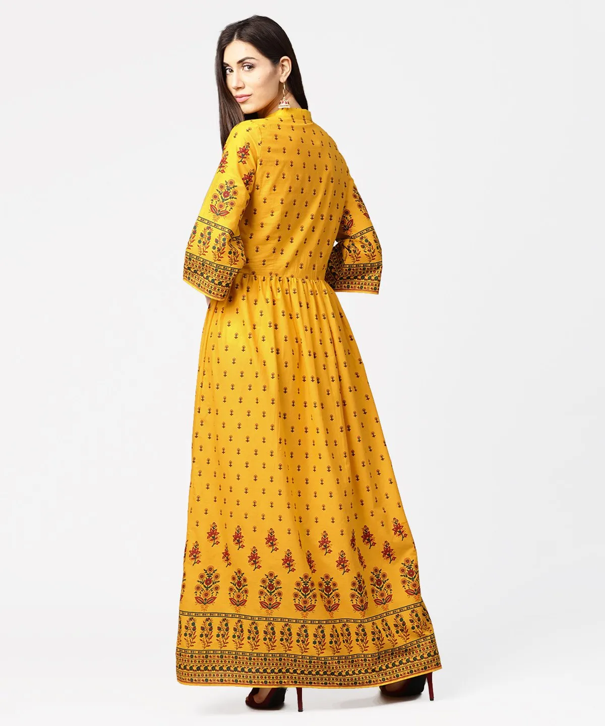 Yellow Printed 3/4Th Flared Sleeve Cotton Maxi Dress