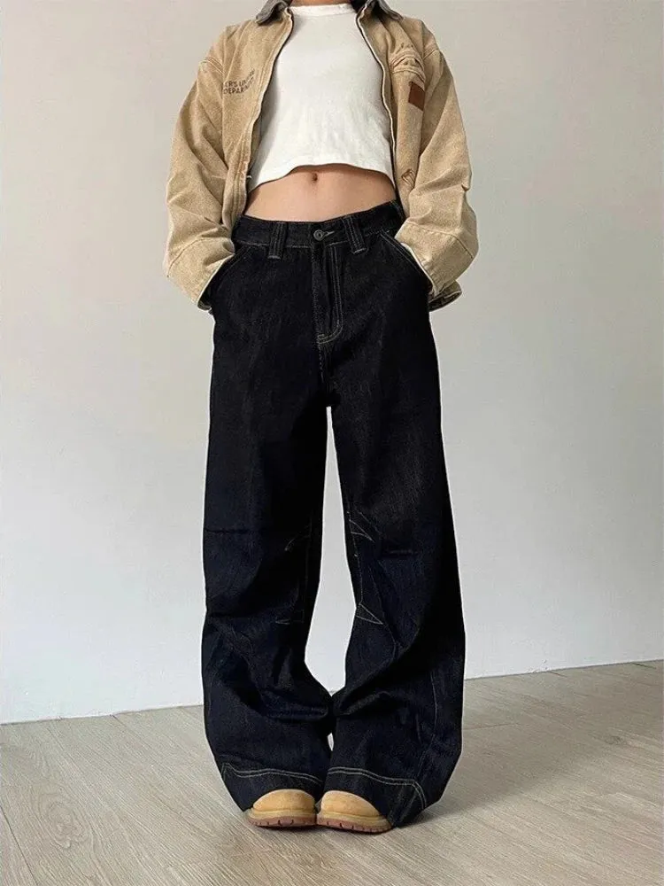 YESMYTOOL  -   Wide Leg Jeans Women Low Waist Harajuku Oversize Fashion Straight Black Denim Pants Y2K Retro Kpop Pocket Trousers Mujer