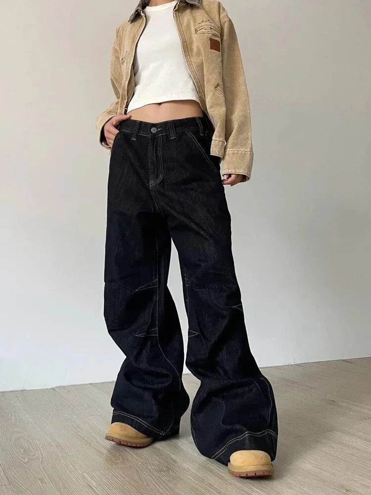 YESMYTOOL  -   Wide Leg Jeans Women Low Waist Harajuku Oversize Fashion Straight Black Denim Pants Y2K Retro Kpop Pocket Trousers Mujer