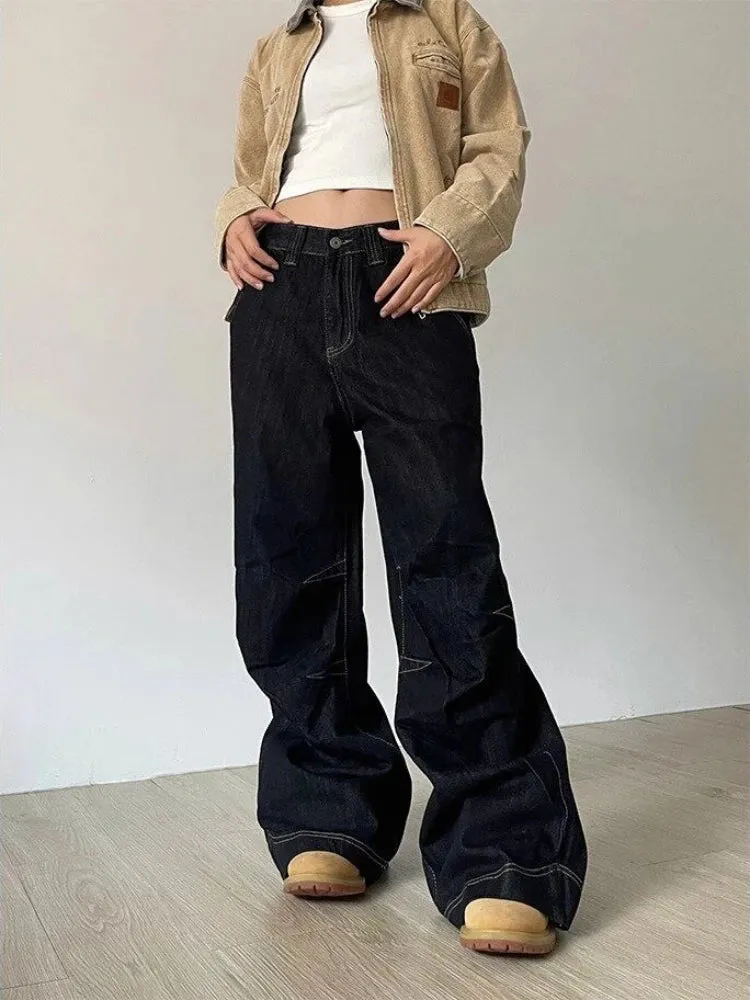 YESMYTOOL  -   Wide Leg Jeans Women Low Waist Harajuku Oversize Fashion Straight Black Denim Pants Y2K Retro Kpop Pocket Trousers Mujer