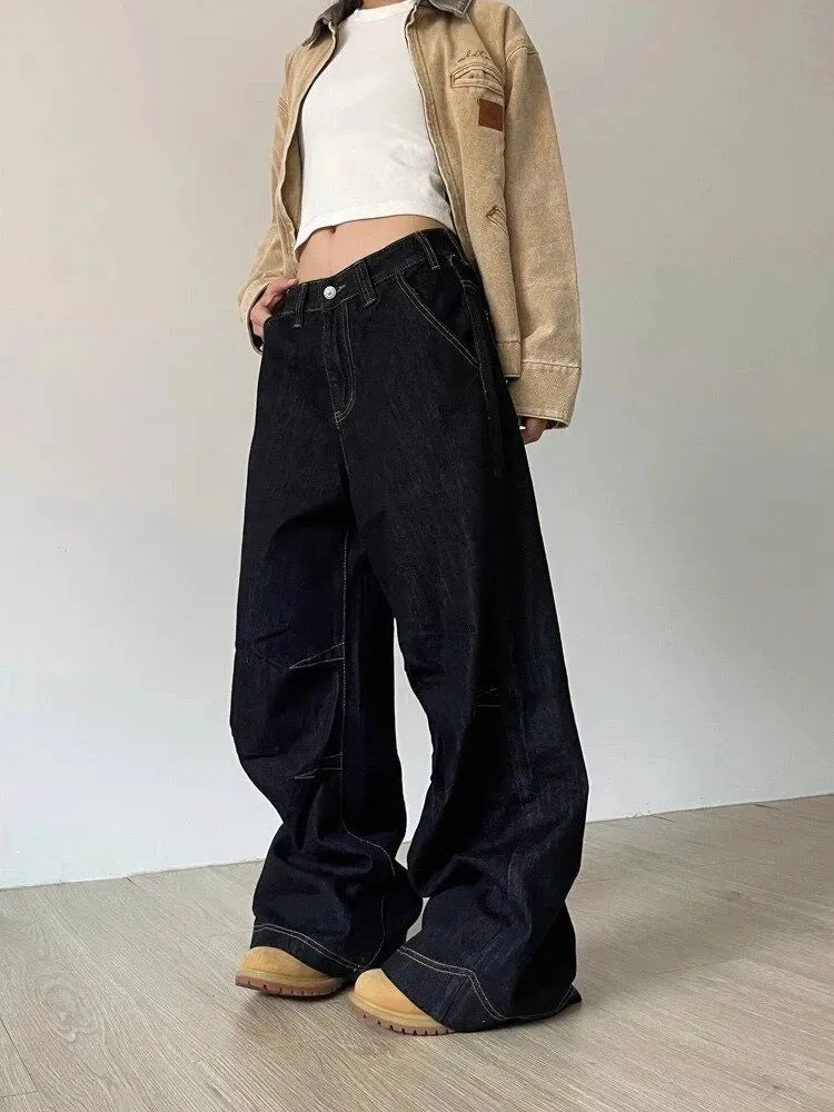 YESMYTOOL  -   Wide Leg Jeans Women Low Waist Harajuku Oversize Fashion Straight Black Denim Pants Y2K Retro Kpop Pocket Trousers Mujer