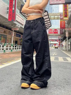 YESMYTOOL  -   Wide Leg Jeans Women Low Waist Harajuku Oversize Fashion Straight Black Denim Pants Y2K Retro Kpop Pocket Trousers Mujer